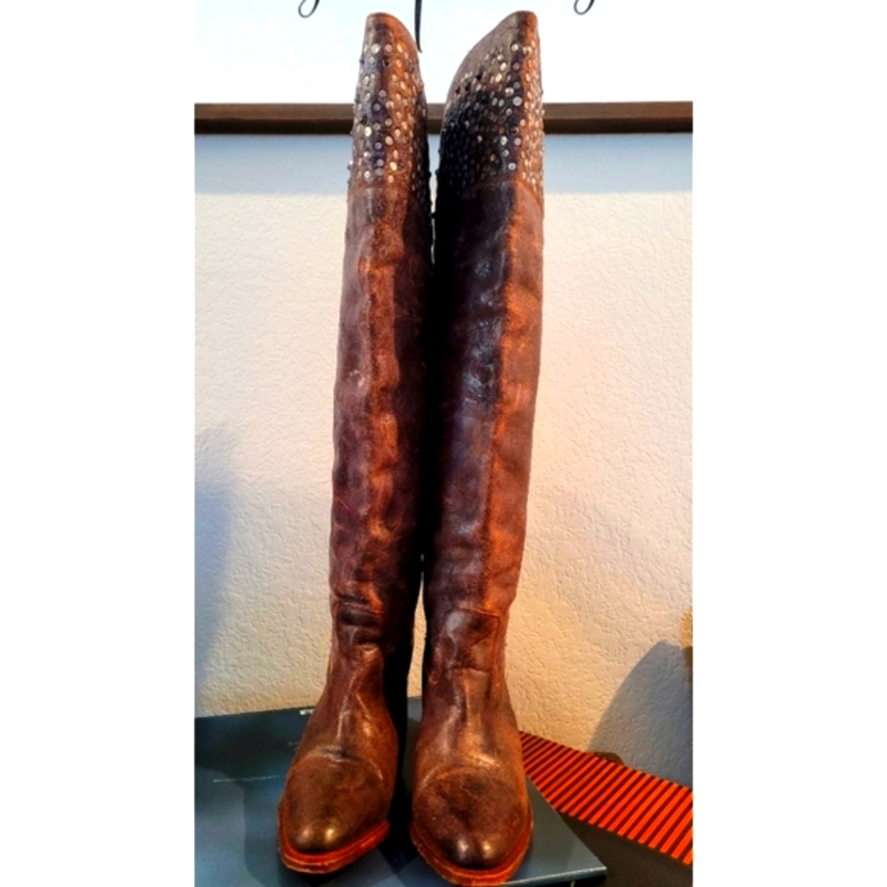 Frye Distressed Leather Embellished Knee Boots; Size 8 - Picture 4 of 8